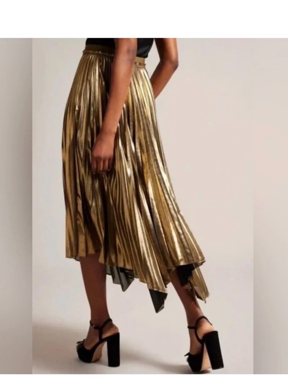 Ted Baker Metallic Gold Pleated Midi Skirt - Picture 9 of 11